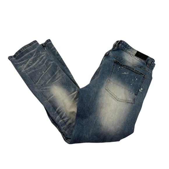 Smoke Rise Jeans Mens 40x32 Blue Distressed Acid Wash Moto Whiskers Grunge Rips - Picture 1 of 13